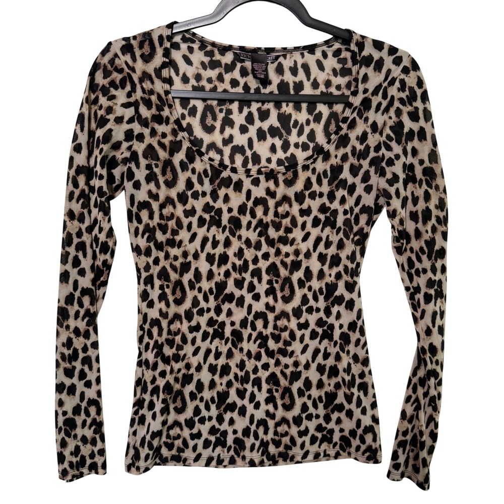 Victoria's Secret Leopard Print Mesh Long Sleeve Scoop Neck Top Brown Small